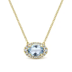 New Gabriel & Co. 14K Yellow Gold Oval Aquamarine and Diamond Halo Pendant Necklace