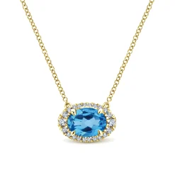 Gabriel & Co. 14K Yellow Gold Oval Blue Topaz and Diamond Halo Pendant Necklace