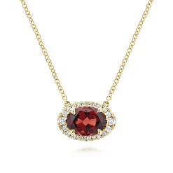 New Gabriel & Co. 14K Yellow Gold Oval Garnet and Diamond Halo Pendant Necklace