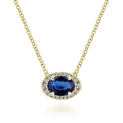 Gabriel & Co. 14K Yellow Gold Oval Sapphire and Diamond Halo Pendant Necklace