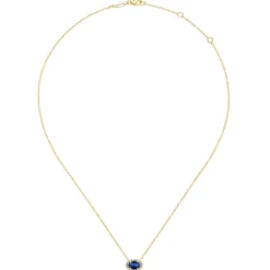 Gabriel & Co. 14K Yellow Gold Oval Sapphire and Diamond Halo Pendant Necklace