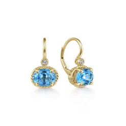Clearance Gabriel & Co. 14K Yellow Gold Oval Swiss Blue Topaz and Diamond Leverback Earrings