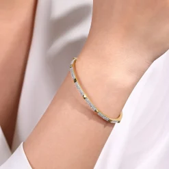 Discount Gabriel & Co. 14K Yellow Gold Pave Diamond Bangle with Pyramid Stations