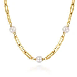 Gabriel & Co. 14K Yellow Gold Pearl and Hollow Link Station Chain Necklace