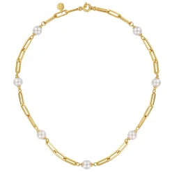 Gabriel & Co. 14K Yellow Gold Pearl and Hollow Link Station Chain Necklace