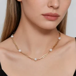 Gabriel & Co. 14K Yellow Gold Pearl and Hollow Link Station Chain Necklace