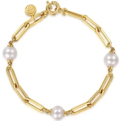 Outlet Gabriel & Co. 14K Yellow Gold Pearl and Hollow Link Station Chain Bracelet