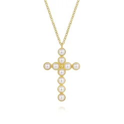New Gabriel & Co. 14K Yellow Gold Pearl Cross Pendant Necklace