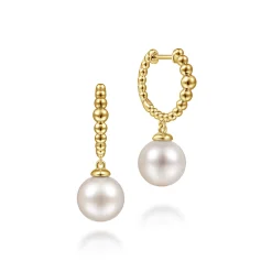 New Gabriel & Co. 14K Yellow Gold Pearls Drop Huggie Earrings-Bujukan