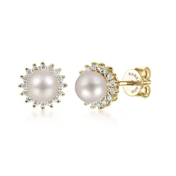 Hot Gabriel & Co. 14K Yellow Gold Pearl with Diamond Halo Stud Earrings