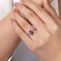 Online Gabriel & Co. 14K Yellow Gold Pear Shape Amethyst with Diamond Halo Ring