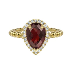 Clearance Gabriel & Co. 14K Yellow Gold Pear Shape Garnet with Diamond Halo Ring