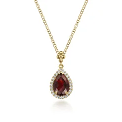 Discount Gabriel & Co. 14K Yellow Gold Pear Shape Garnet with Diamond Halo Necklace