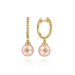 New Gabriel & Co. 14K Yellow Gold Pink Pearl Bujukan Huggie Drop Earrings