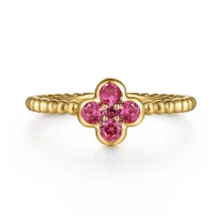 Sale Gabriel & Co. 14K Yellow Gold Pink Tourmaline Cluster Clover and Bujukan Bead Stackable Ring