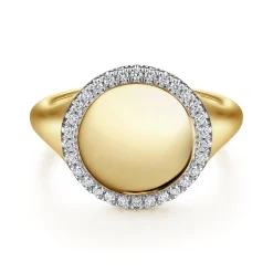 Best Gabriel & Co. 14K Yellow Gold Pinky Signet Ring with Diamond Halo