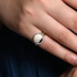 Best Gabriel & Co. 14K Yellow Gold Pinky Signet Ring with Diamond Halo