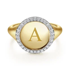 Best Gabriel & Co. 14K Yellow Gold Pinky Signet Ring with Diamond Halo
