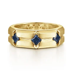 Online Gabriel & Co. 14K Yellow Gold Ring with Princess Cut Sapphire B quality Stations in East West Brush Finish