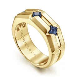 Online Gabriel & Co. 14K Yellow Gold Ring with Princess Cut Sapphire B quality Stations in East West Brush Finish