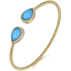 New Gabriel & Co. 14K Yellow Gold Rock Crystal Turquoise and Diamond Open Bujukan Bangle