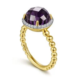 New Gabriel & Co. 14K Yellow Gold Round Amethyst and Diamond Halo Ring