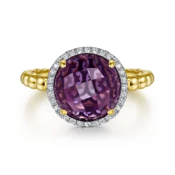 New Gabriel & Co. 14K Yellow Gold Round Amethyst and Diamond Halo Ring