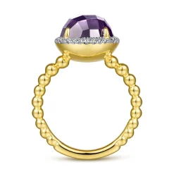New Gabriel & Co. 14K Yellow Gold Round Amethyst and Diamond Halo Ring