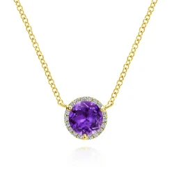 Sale Gabriel & Co. 14K Yellow Gold Round Amethyst and Diamond Halo Pendant Necklace