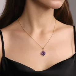 Sale Gabriel & Co. 14K Yellow Gold Round Amethysts with Diamond Halo Necklace