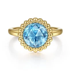 Online Gabriel & Co. 14K Yellow Gold Round Blue Topaz Bezel Set Ring with Bujukan Bead Halo