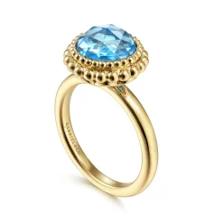 Online Gabriel & Co. 14K Yellow Gold Round Blue Topaz Bezel Set Ring with Bujukan Bead Halo