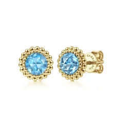 Online Gabriel & Co. 14K Yellow Gold Round Blue Topaz with Beaded Frame Stud Earrings