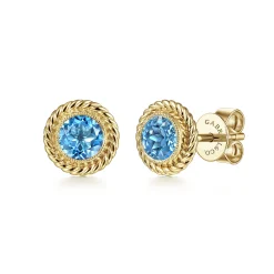 Hot Gabriel & Co. 14K Yellow Gold Round Blue Topaz and Twisted Rope Frame Stud Earrings