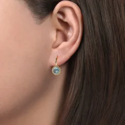 Outlet Gabriel & Co. 14K Yellow Gold Round Blue Topaz with Beaded Frame Leverback Earrings