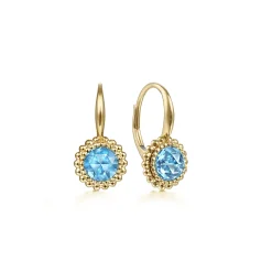Outlet Gabriel & Co. 14K Yellow Gold Round Blue Topaz with Beaded Frame Leverback Earrings