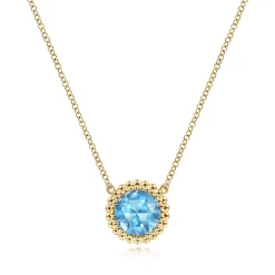 Discount Gabriel & Co. 14K Yellow Gold Round Blue Topaz Pendant Necklace with Bujukan Bead Halo