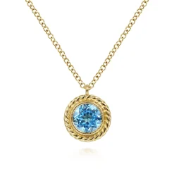 Discount Gabriel & Co. 14K Yellow Gold Round Blue Topaz and Twisted Rope Pendant Necklace