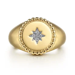 Clearance Gabriel & Co. 14K Yellow Gold Round Bujukan Signet Ring with Diamond Starburst