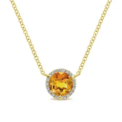 Gabriel & Co. 14K Yellow Gold Round Citrine and Diamond Halo Pendant Necklace