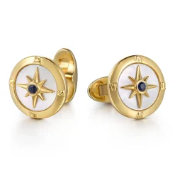 Best Gabriel & Co. 14K Yellow Gold Round Compass Cufflinks with Sapphire and White Mother of Pearl