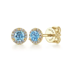 Sale Gabriel & Co. 14K Yellow Gold Round Cut Diamond Halo Swiss Blue Topaz Stud Earrings