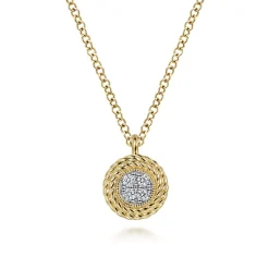 Hot Gabriel & Co. 14K Yellow Gold Round Diamond Pave Cluster Pendant Necklace with Twisted Rope Frame