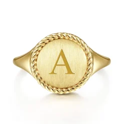 Clearance Gabriel & Co. 14K Yellow Gold Round Engravable Signet Ring with Twisted Rope Frame
