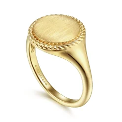 Clearance Gabriel & Co. 14K Yellow Gold Round Engravable Signet Ring with Twisted Rope Frame