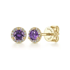 Gabriel & Co. 14K Yellow Gold Round Halo Amethyst and Diamond Stud Earrings