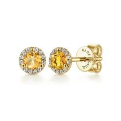 Sale Gabriel & Co. 14K Yellow Gold Round Halo Citrine and Diamond Stud Earrings