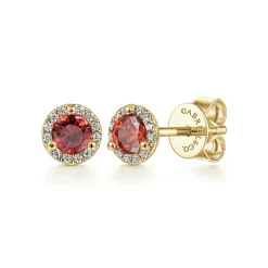 Gabriel & Co. 14K Yellow Gold Round Halo Garnet and Diamond Stud Earrings