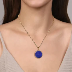 Hot Gabriel & Co. 14K Yellow Gold Round Lapis Inlay Medallion Pendant in size 24mm With Detachable Bail