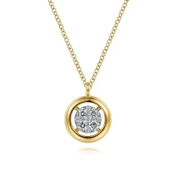Best Gabriel & Co. 14K Yellow Gold Round Pave Diamond Floating Pendant Necklace with Wide Border